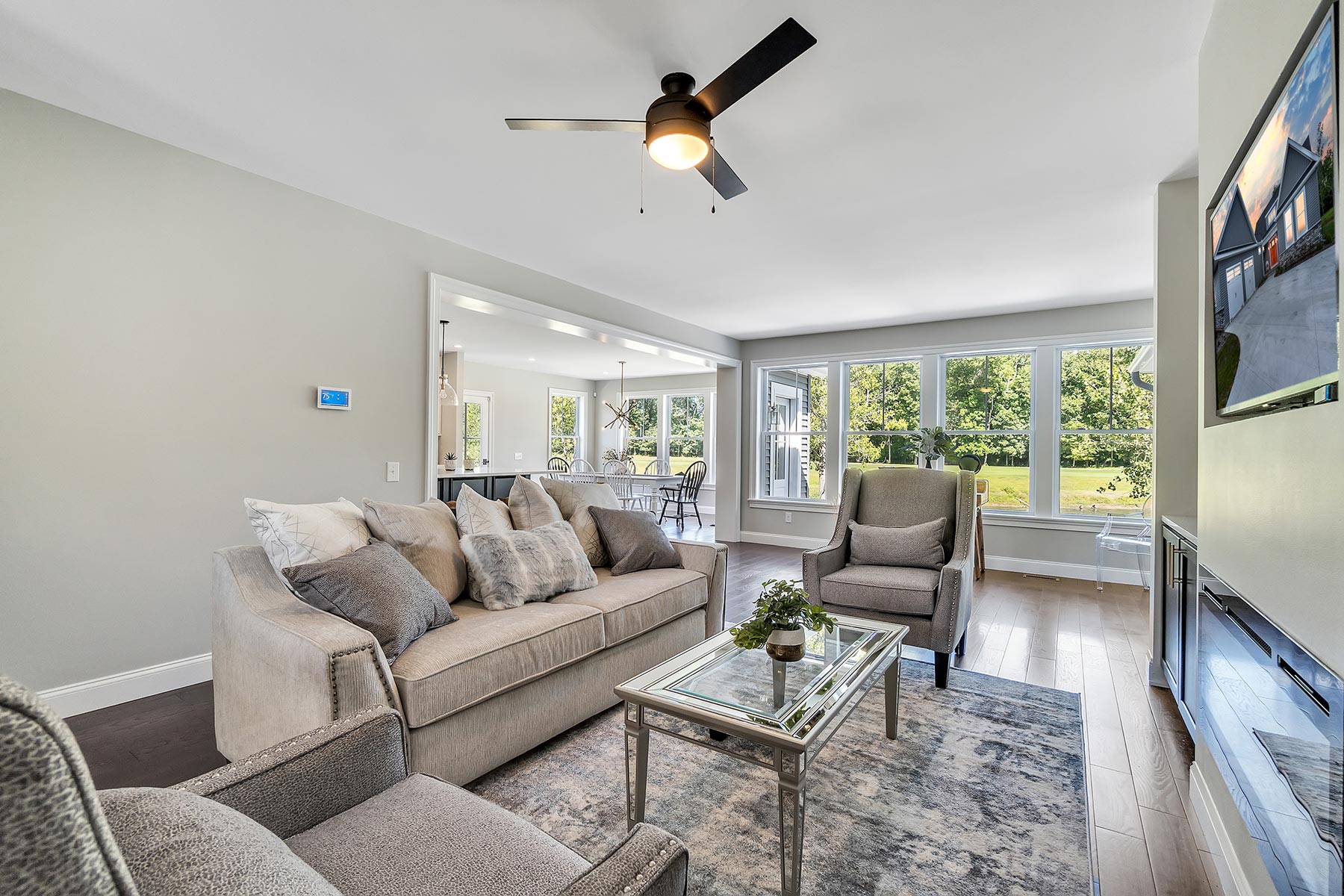 Living room with inviting couches and sunlight streaming through windows